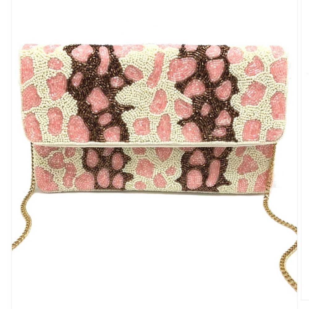 Blush Cream Leopard Animal Print Beaded Clutch Crossbody Handbag